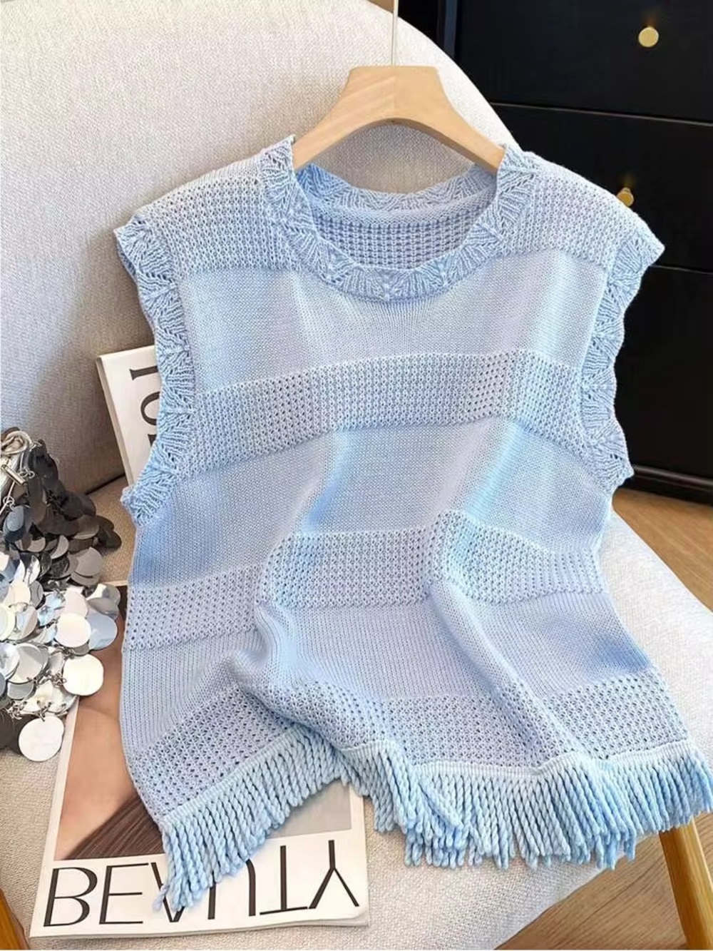 SHEIN Light Blue Knit Fringe Sleeveless Tank